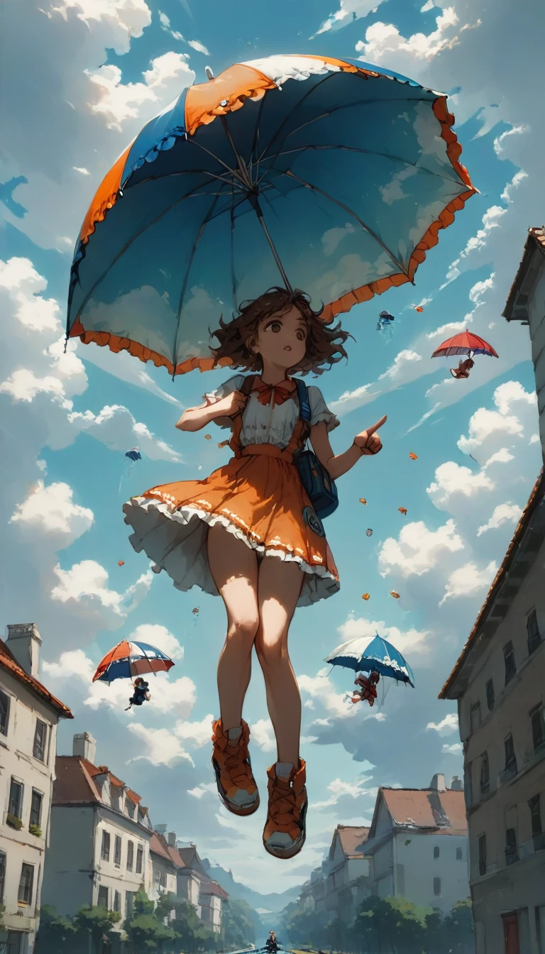 quality\(8K,非常に精細なCGユニットのwallpaper, masterpiece,High resolution,top-quality,top-quality real texture skin,Surreal,Increase the resolution,RAW Photos,最高quality,Very detailed,wallpaper\),BREAK、((One girl pointing at an umbrella instead of a parachute、pretty girl、Pointing to a large umbrella、Gripping the umbrella tightly、Brown Hair、Spiky Hair))、BREAK、((Girl falling from the sky、A girl falling with the buoyancy of an umbrella、完璧に計算されたSpiky Hairの毛、Skirt that flips up))、BREAK、Wide sky、Blue sky、Orange roofs spreading out below、Blurred background