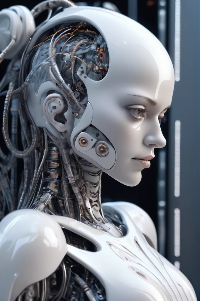 complex 3d render ultra detailed of a beautiful porcelain profile woman android face, cyborg, robotic parts, 150 mm, beautiful studio soft light, rim light, vibrant details, luxurious cyberpunk, lace, hyperrealistic, anatomical, facial muscles, cable electric wires, microchip, elegant, beautiful background, octane render, H. R. Giger style, 8k, best quality, masterpiece, illustration, an extremely delicate and beautiful, extremely detailed ,CG ,unity ,wallpaper, (realistic, photo-realistic:1.37),Amazing, finely detail, masterpiece,best quality,official art, extremely detailed CG unity 8k wallpaper, absurdres, incredibly absurdres, robot, silver halmet, full body, sitting