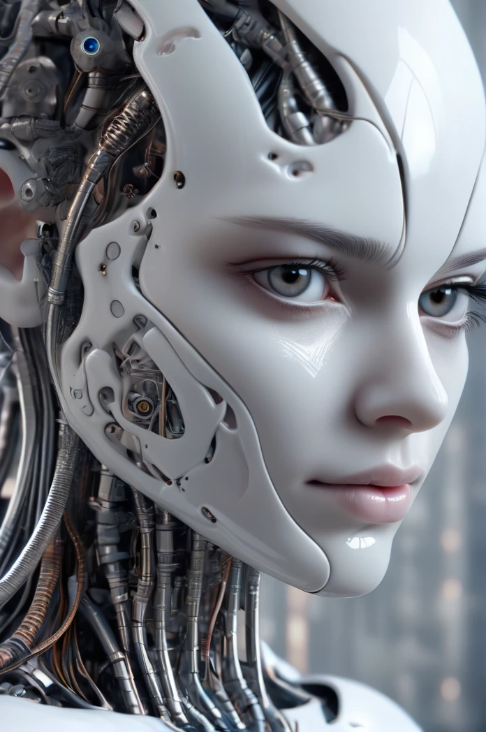 complex 3d render ultra detailed of a beautiful porcelain profile woman android face, cyborg, robotic parts, 150 mm, beautiful studio soft light, rim light, vibrant details, luxurious cyberpunk, lace, hyperrealistic, anatomical, facial muscles, cable electric wires, microchip, elegant, beautiful background, octane render, H. R. Giger style, 8k, best quality, masterpiece, illustration, an extremely delicate and beautiful, extremely detailed ,CG ,unity ,wallpaper, (realistic, photo-realistic:1.37),Amazing, finely detail, masterpiece,best quality,official art, extremely detailed CG unity 8k wallpaper, absurdres, incredibly absurdres, robot, silver halmet, full body, sitting