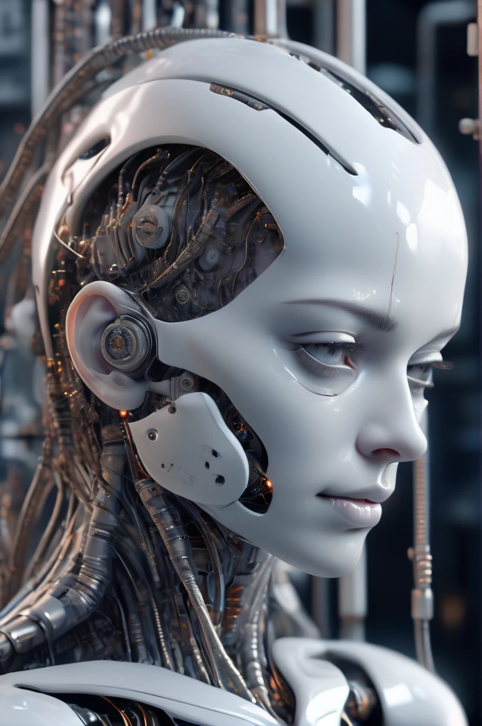 complex 3d render ultra detailed of a beautiful porcelain profile woman android face, cyborg, robotic parts, 150 mm, beautiful studio soft light, rim light, vibrant details, luxurious cyberpunk, lace, hyperrealistic, anatomical, facial muscles, cable electric wires, microchip, elegant, beautiful background, octane render, H. R. Giger style, 8k, best quality, masterpiece, illustration, an extremely delicate and beautiful, extremely detailed ,CG ,unity ,wallpaper, (realistic, photo-realistic:1.37),Amazing, finely detail, masterpiece,best quality,official art, extremely detailed CG unity 8k wallpaper, absurdres, incredibly absurdres, robot, silver halmet, full body, sitting