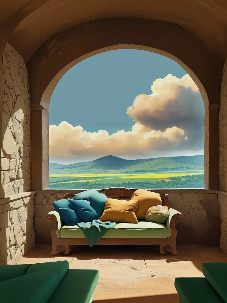 Draw medieval scene of mountin facing green, barbarian stone bedroom, tomes, sofa, blue sky, beautiful sunny day, aesthetically beautiful, earthy colors, vibrant saturated colors, beautiful color palette, masterpiece, calm, peaceful, no human, cloudy sky, lofty view