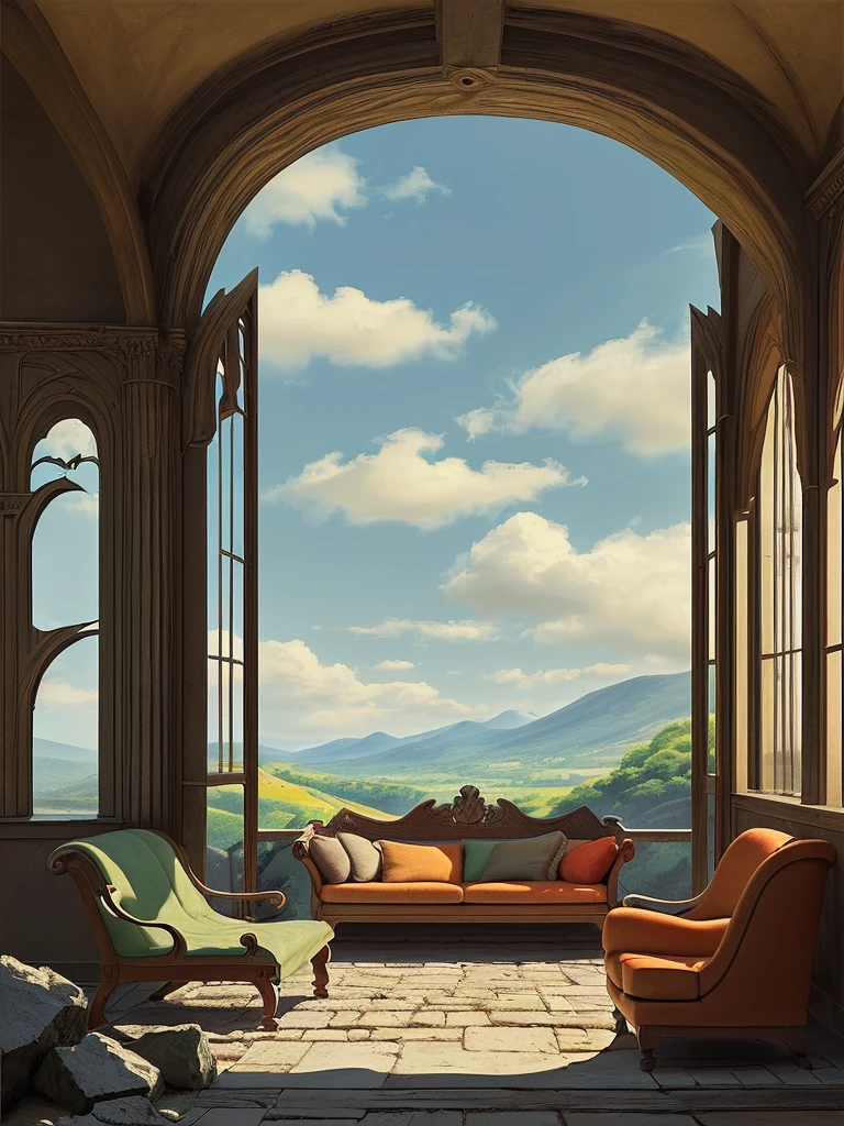 Draw medieval scene of mountin facing green, barbarian stone bedroom, tomes, sofa, blue sky, beautiful sunny day, aesthetically beautiful, earthy colors, vibrant saturated colors, beautiful color palette, masterpiece, calm, peaceful, no human, cloudy sky, lofty view