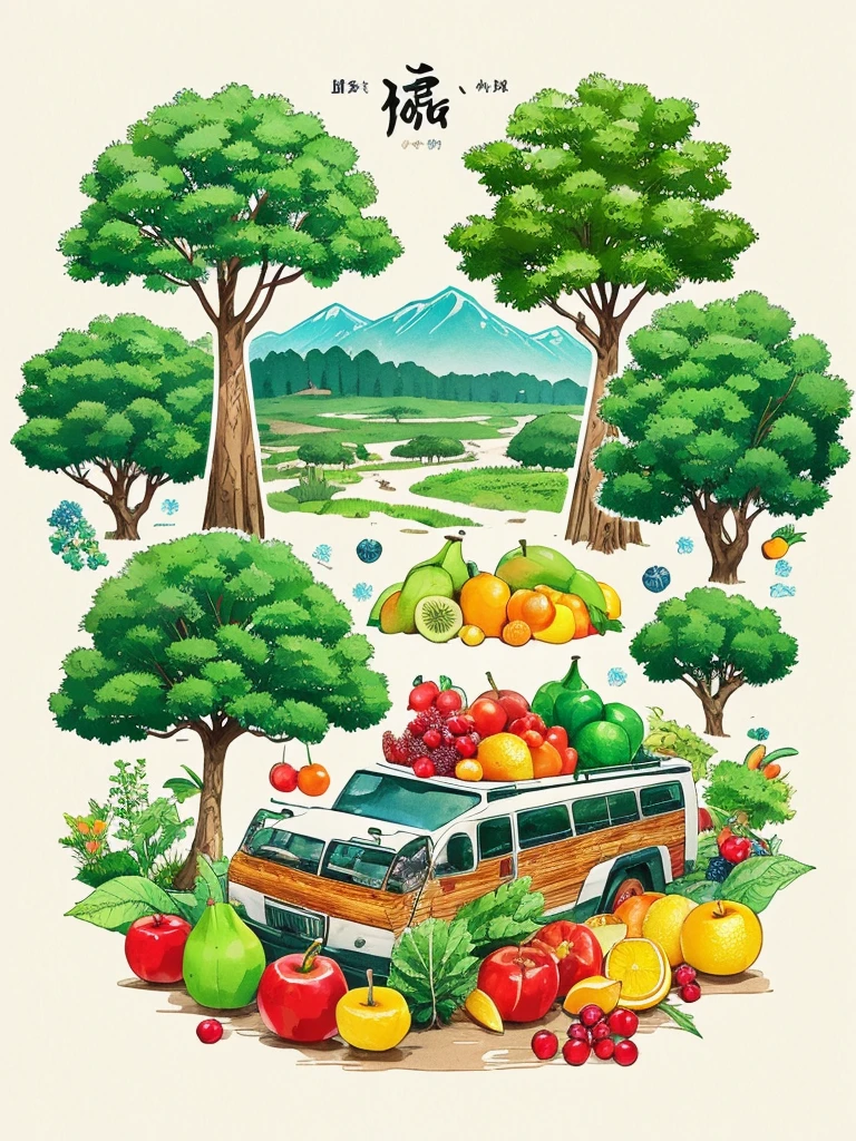 A rich land full of trees and fruits、Ink painting