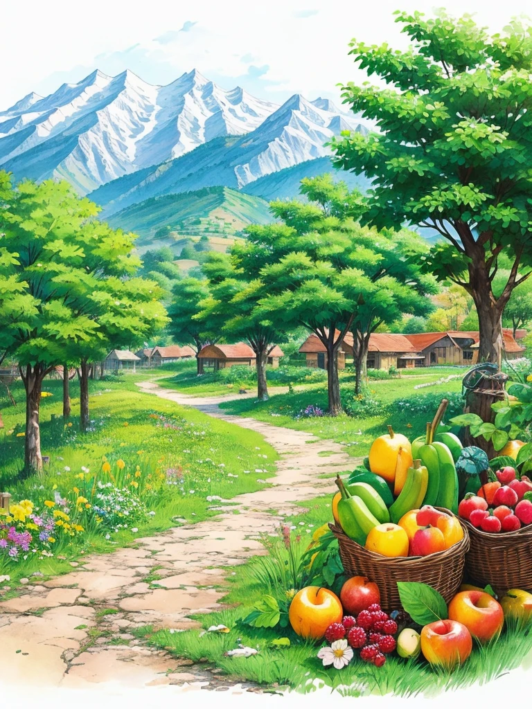 A rich land full of trees and fruits、Ink painting
