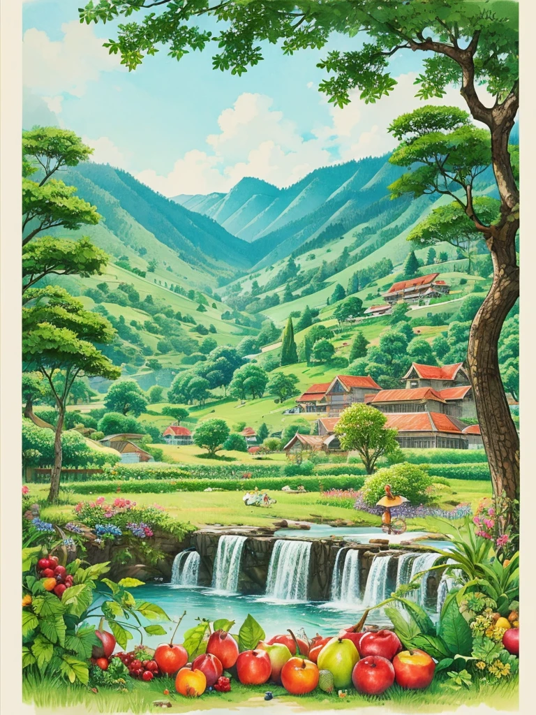 A rich land full of trees and fruits、Ink painting
