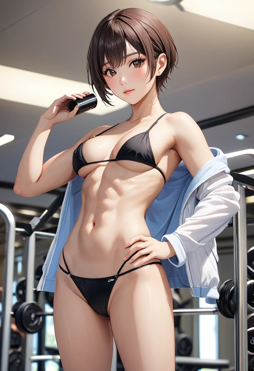 (best quality), Realistic, flexing, 14 year old Japanese idol body builder girl,  (abs:1.4), black short hair, shiny skin, (detailed brown eyes:1.1), (smile:0.8), (black tiny thong:1.2), puffy nipples, detailed areola,　