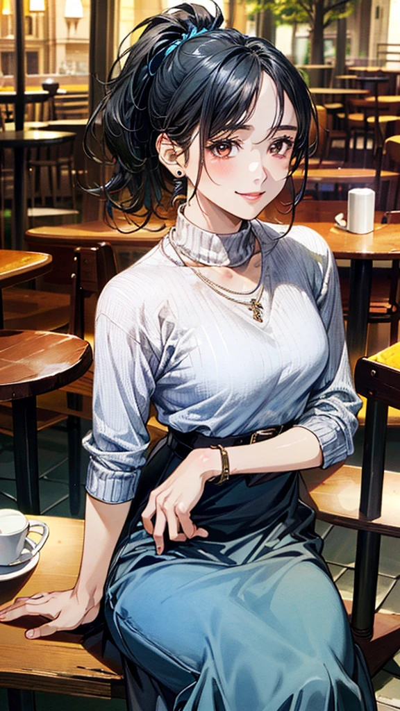 (masterpiece:1.3, Highest quality, Ultra-high resolution, Super detailed), (Realistic, photoRealistic:1.4), Beautiful illustrations, Perfect lighting, Natural light, colorful, Depth of written boundary,
Beautiful detailed hair, Beautifully detailed face, Beautiful attention to detail, Beautiful clavicle, Beautiful body, Beautiful breasts, Beautiful thighs, Beautiful feet, Beautiful fingers, Shiny skin,
View your viewers, 1 Girl, Japanese, 30 years old, (Perfect Anatomy, Anatomically correct, Highly detailed skin), Cute and symmetrical face, Baby Face, Perfect Face, Perfect Eyes, thin,
(Black Hair、ponytail:1.4), bangs, Brown eyes, Droopy eyes, Long eyelashes, (Medium chest、thin体),
(Light Blue Sweater:1.3), Strappy high heels, ((Long skirt with belt:1.5)), Wrist Chakra, necklace, Bear neck,
(Beautiful views), evening, (Cafe:1.5), Sitting in a chair, (Drinking coffee), (Cute smile, Part your lips),