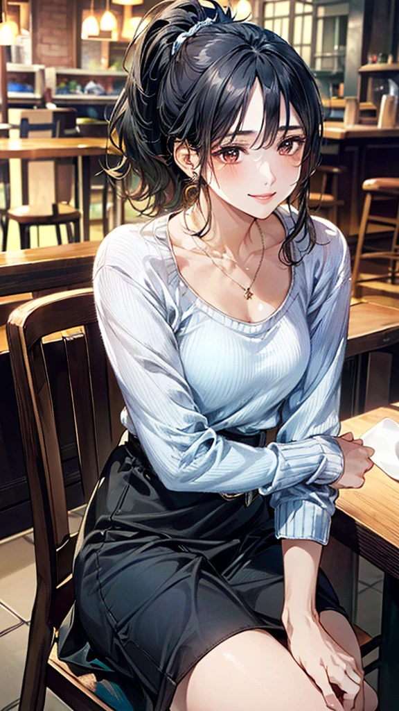 (masterpiece:1.3, Highest quality, Ultra-high resolution, Super detailed), (Realistic, photoRealistic:1.4), Beautiful illustrations, Perfect lighting, Natural light, colorful, Depth of written boundary,
Beautiful detailed hair, Beautifully detailed face, Beautiful attention to detail, Beautiful clavicle, Beautiful body, Beautiful breasts, Beautiful thighs, Beautiful feet, Beautiful fingers, Shiny skin,
View your viewers, 1 Girl, Japanese, 30 years old, (Perfect Anatomy, Anatomically correct, Highly detailed skin), Cute and symmetrical face, Baby Face, Perfect Face, Perfect Eyes, thin,
(Black Hair、ponytail:1.4), bangs, Brown eyes, Droopy eyes, Long eyelashes, (Medium chest、thin体),
(Light Blue Sweater:1.3), Strappy high heels, ((Long skirt with belt:1.5)), Wrist Chakra, necklace, Bear neck,
(Beautiful views), evening, (Cafe:1.5), Sitting in a chair, (Drinking coffee), (Cute smile, Part your lips),