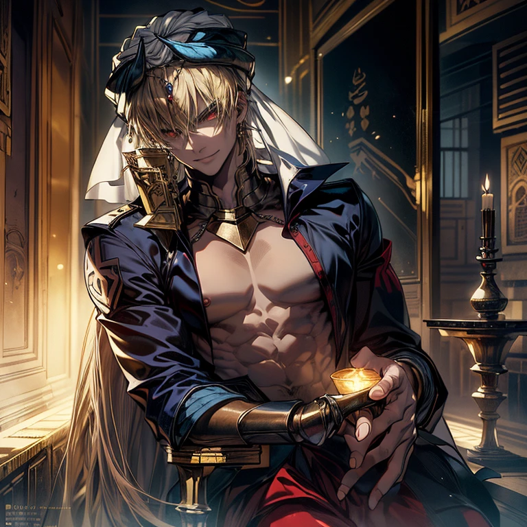 {{masterpiece、Highest quality、(((Realistic、Realistic:1.37)))、8K quality、Very delicate and beautiful、wonderful、Large file size、Very detailed、Very detailed、Cinema Lighting}}、((One beautiful man)),((Fate Stay Night Drawing)), Gilgamesh Male Solo, Emperor, whole body, ((Detailed character portrayal)), An exquisitely decorated throne, A palace made of cut stone, A room lit by flickering torches, A man violently climbs onto a throne and sits down, A face laughing out loud like a joke, ((One beautiful man)), ((Red eyes)), Long Hair, blonde, Wrap a turban around your head, (background: Countless swords displayed on the wall, All facing the same direction, Different types of swords, 1 female attendant, Woman in beautiful arabic costume, Stand beside the throne),