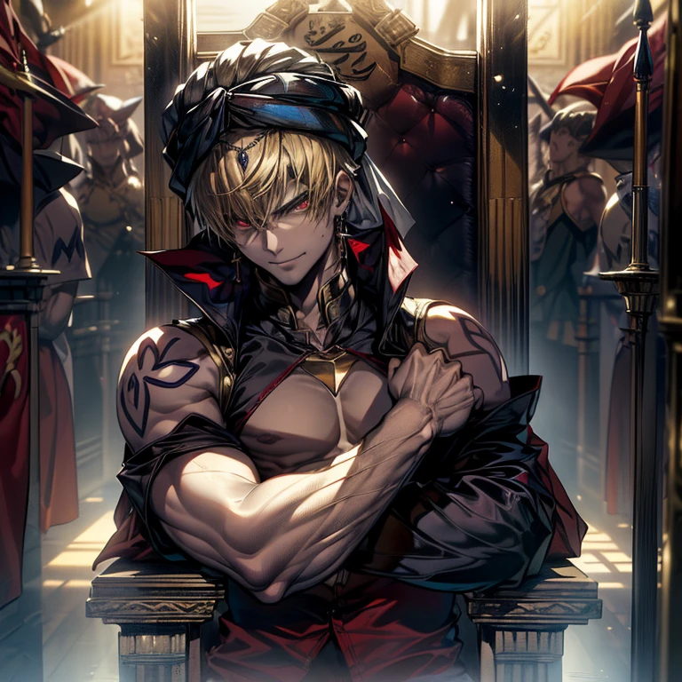 {{masterpiece、Highest quality、(((Realistic、Realistic:1.37)))、8K quality、Very delicate and beautiful、wonderful、Large file size、Very detailed、Very detailed、Cinema Lighting}}、((One beautiful man)),((Fate Stay Night Drawing)), Gilgamesh Male Solo, Emperor, whole body, ((Detailed character portrayal)), An exquisitely decorated throne, A palace made of cut stone, A room lit by flickering torches, A man violently climbs onto a throne and sits down, A face laughing out loud like a joke, ((One beautiful man)), ((Red eyes)), Long Hair, blonde, Wrap a turban around your head, (background: Countless swords displayed on the wall, All facing the same direction, Different types of swords, 1 female attendant, Woman in beautiful arabic costume, Stand beside the throne),