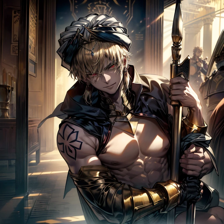 {{masterpiece、Highest quality、(((Realistic、Realistic:1.37)))、8K quality、Very delicate and beautiful、wonderful、Large file size、Very detailed、Very detailed、Cinema Lighting}}、((One beautiful man)),((Fate Stay Night Drawing)), Gilgamesh Male Solo, Emperor, whole body, ((Detailed character portrayal)), An exquisitely decorated throne, A palace made of cut stone, A room lit by flickering torches, A man violently climbs onto a throne and sits down, A face laughing out loud like a joke, ((One beautiful man)), ((Red eyes)), Long Hair, blonde, Wrap a turban around your head, (background: Countless swords displayed on the wall, All facing the same direction, Different types of swords, 1 female attendant, Woman in beautiful arabic costume, Stand beside the throne),