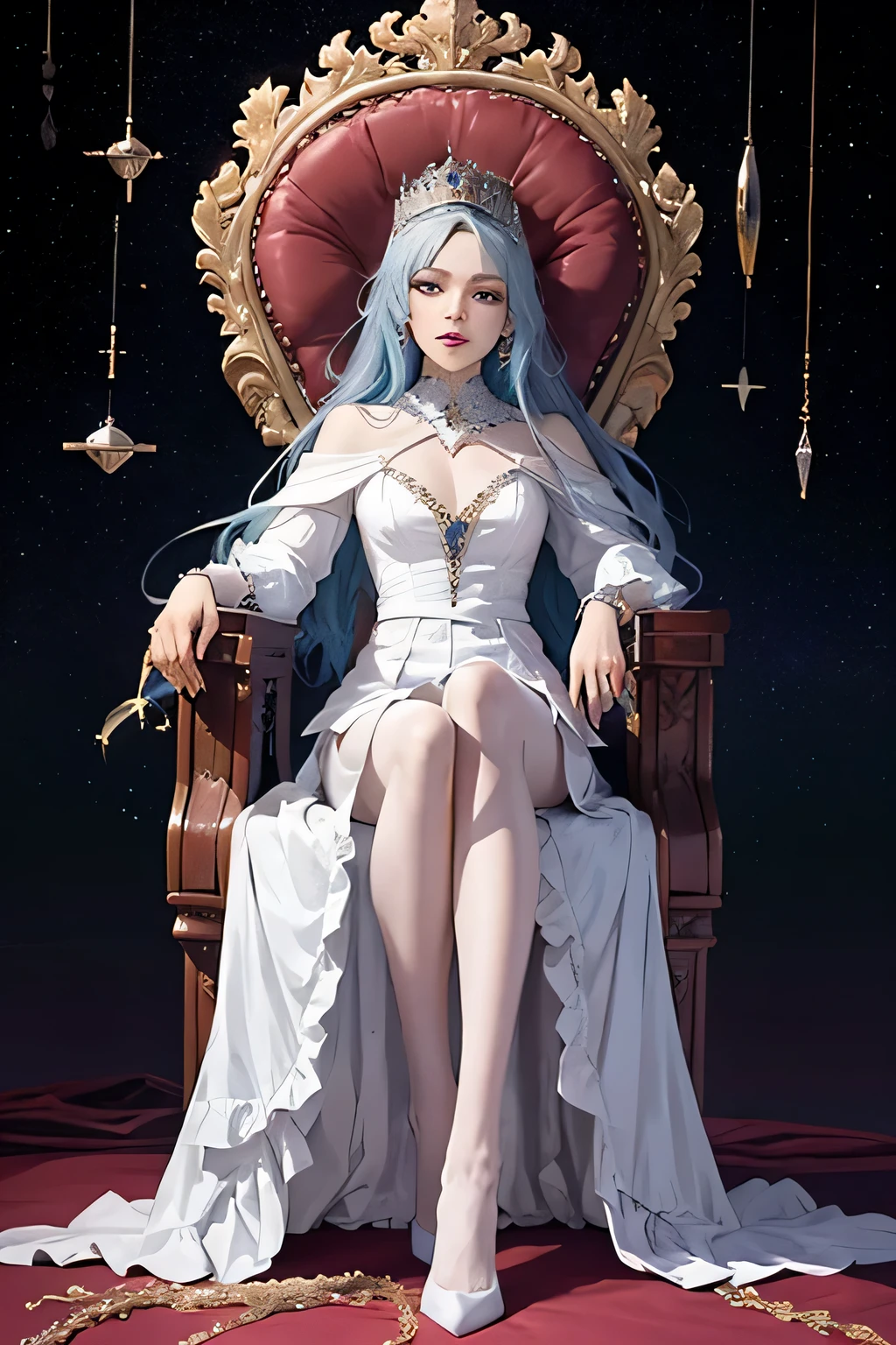 (Masterpiece, Top Quality, Best Quality, Official Art, Beautiful and Aesthetic: 1.2)
(1 Queen)
Extremely Detailed, Colorful, Highest Detailed, Official Art, Unity 8k Wallpaper, Ultra Detailed, Beautiful and Aesthetic, Beautiful, Masterpiece, Best Quality,
(Futuristic Crown, Throne of Power, Galaxy Motifs)
Sitting regally upon her throne, a beautiful, busty queen of the galaxy, adorned in a sparkling, gem-encrusted outfit that accentuates her powerful figure. Her eyes, a dazzling shade of celestial blue, gaze out into