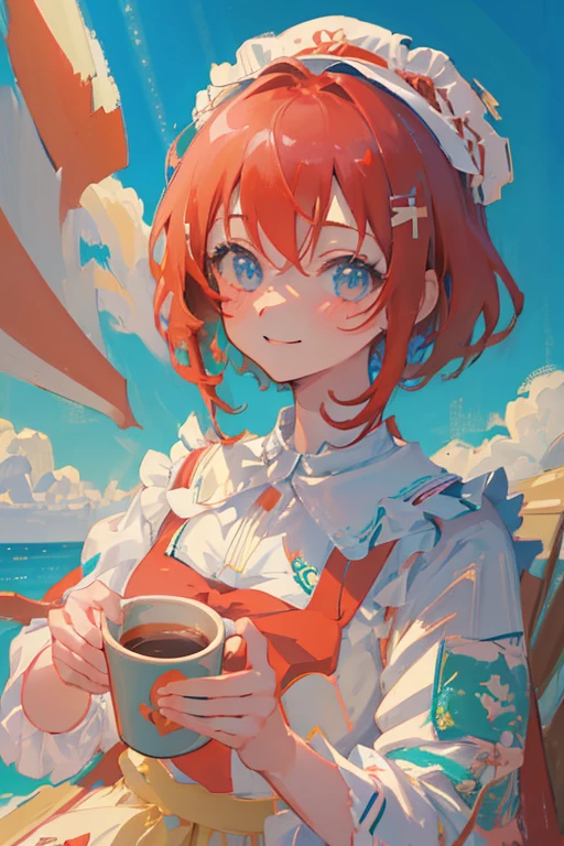 (masterpiece:1.3), (Absurd:1.3), (Highest quality:1.3), (Super detailed:1.3), Upper Body, View your viewers, smile, Redhead anime girl holding a coffee cup, Cute realistic portrait, Portrait of Rofi, Cute girl anime visuals, Soft anime illustration, Lo-fi Girl, sayori, Painted in an anime artist&#39;s studio, Smooth anime CG art, Mysterious Coffee Shop Girl, Drinking coffee, Digital anime illustration, Semi-realistic anime style, Anime girl drinking energy drink, Cel-shaded style