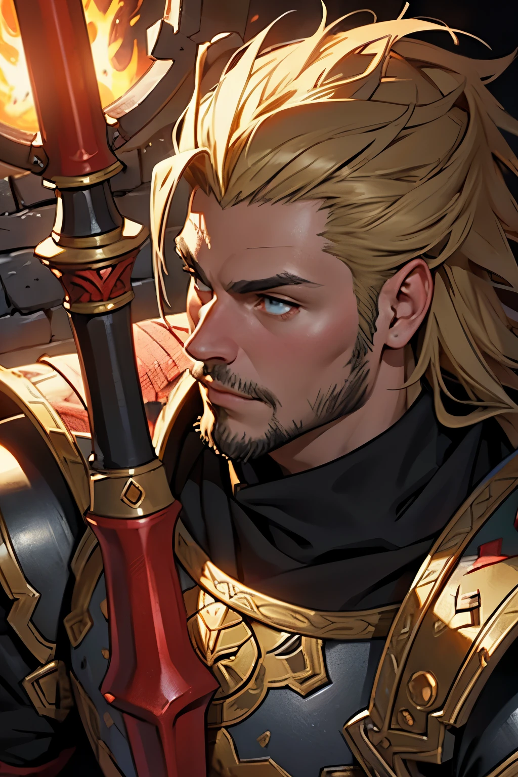anime style, dwarf, heavy armor, large axe, red armor, yellow details, black axe, cave, torches, wall details, detailed face, detailed eyes, detailed lips, hyperrealistic, 8k, high quality, intricate details, dramatic lighting, fantasy art