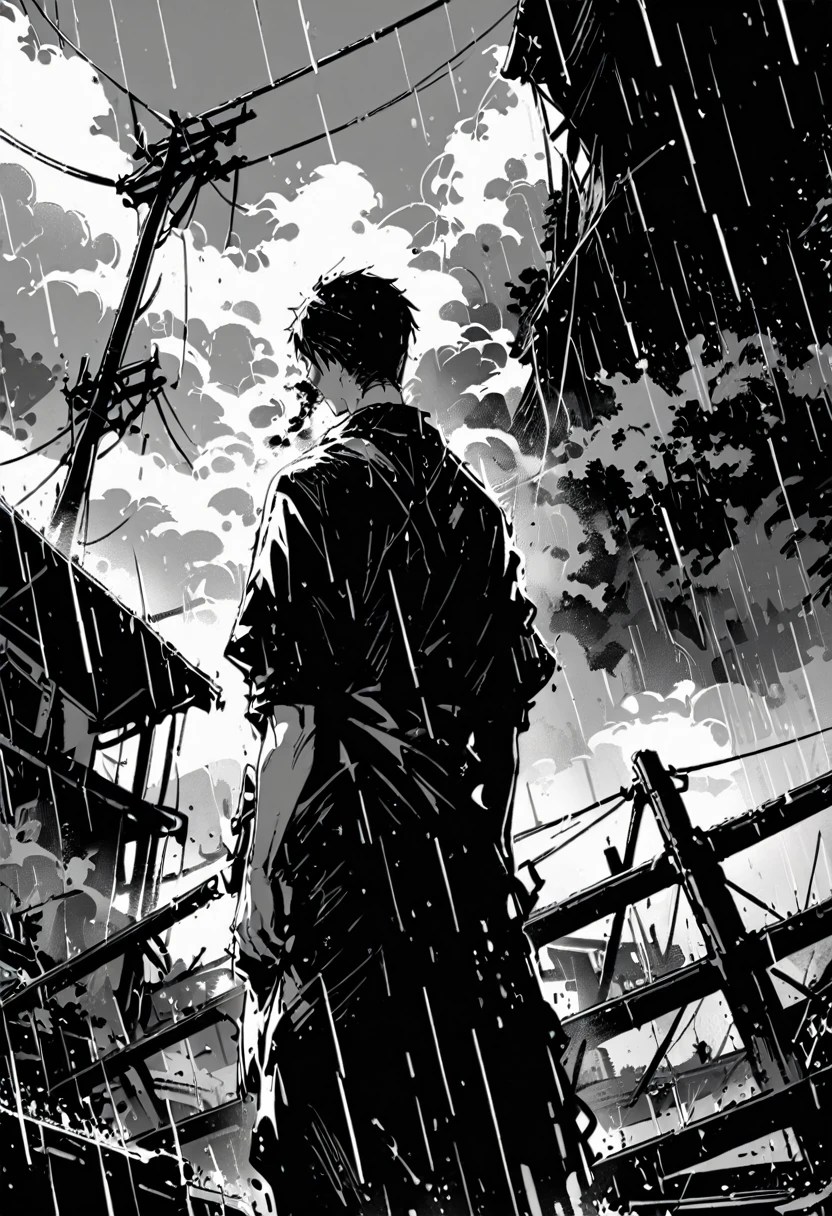 solitary, arms, Everlasting, Keep, 1 boy, From the back, smokes, Power lines, landscape, rain, outdoor, 1Other