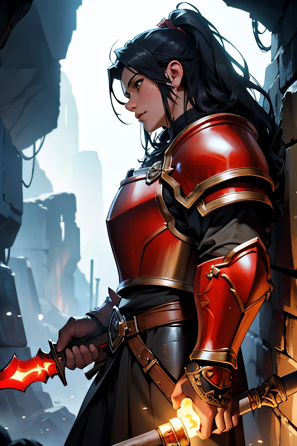 anime style, dwarf, heavy armor, large axe, red armor, yellow details, black axe, cave, torches, wall details, detailed face, detailed eyes, detailed lips, hyperrealistic, 8k, high quality, intricate details, dramatic lighting, fantasy art