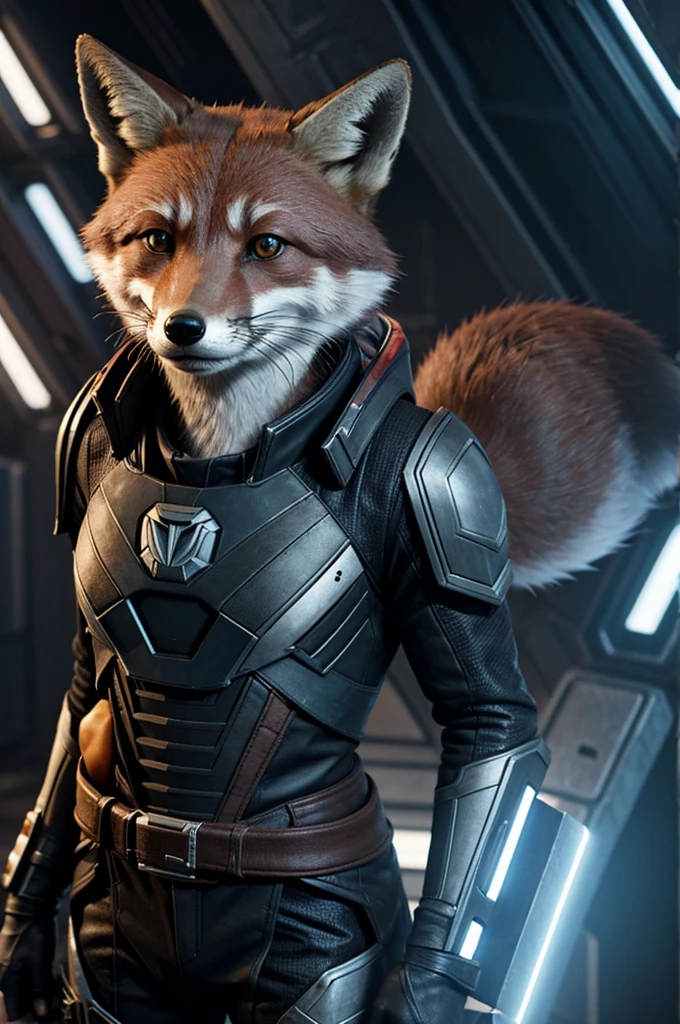 A dark gray rocket-style fox from Guardians of the Galaxy hacking a PC