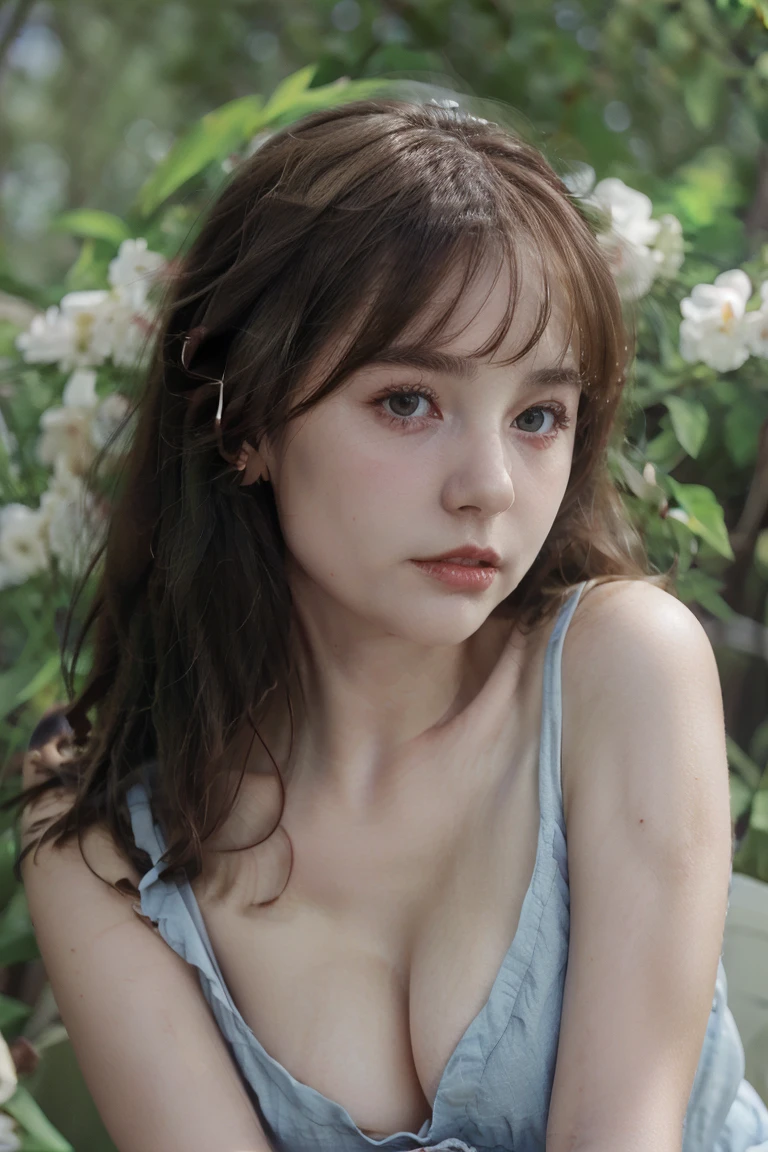 waist up potrait of 50 years age of french woman with white skins, blue eyes, dark brown hairs, wearing v neck sundress, slightly chubby, background dark studio, ultra realistic skins, ultra white skins, skins detailed, perfect eyes, eyes detailed. 