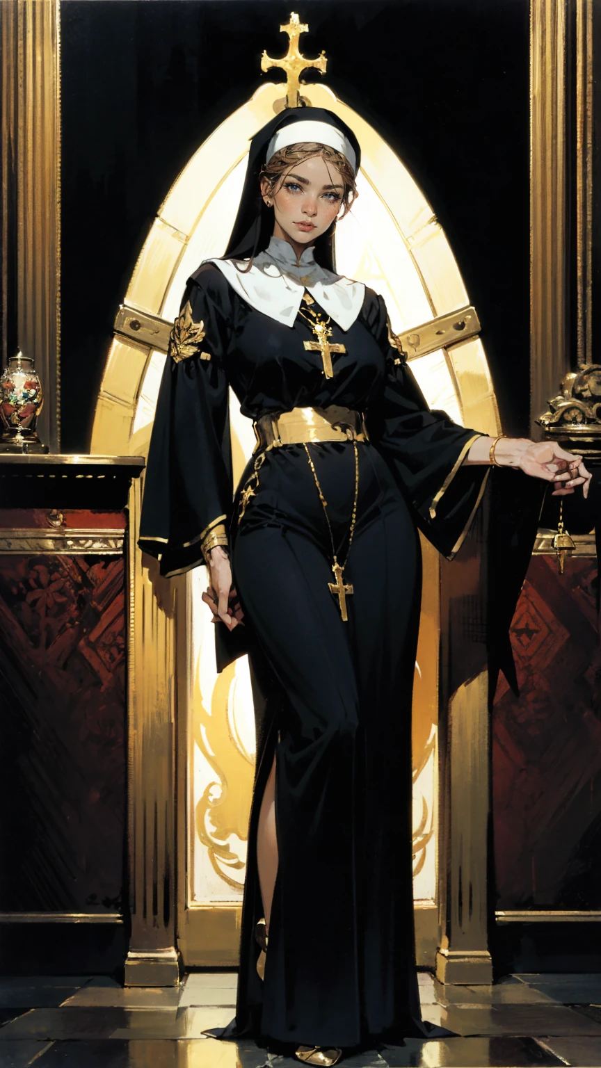 best quality (4K, high resolution, masterpiece:1.2), ultra-detailed, realistic (photo-realistic:1.37), Sienna, the Commander of the Holy Faith, authoritative spiritual guide, portrait, ((wearing elegant warrior nun uniform with silver and gold accents signifying her high rank)), ((Perfect round and perky breasts)), (formfitting costume), wise yet piercing gaze, hazel eyes, poised stance, ((auburn hair tied back in a tight braid)), confident and commanding aura with a hint of wisdom, silver, gold, and dark color scheme, sharp focus, perfect, sacred lighting, confident, authoritative demeanor, emotive smile, powerful divine magic and spiritual energy radiating from her eyes, holy temple with a peaceful, inspiring background, tranquil yet empowering atmosphere, inspired by fantasy art and divine mythology, emphasizing her allure, wisdom, and martial prowess, meticulous attention to facial details showcasing her sharp and intelligent features, striking visual impact, expressive yet authoritative facial features, supernatural elements blended with a serene reality, (exceptionally detailed:1.3), super finely detailed and strong hands, ultra finely detailed fingers (ten fingers), suggestive, inspiring posing, full body showcase, no logos in the background.