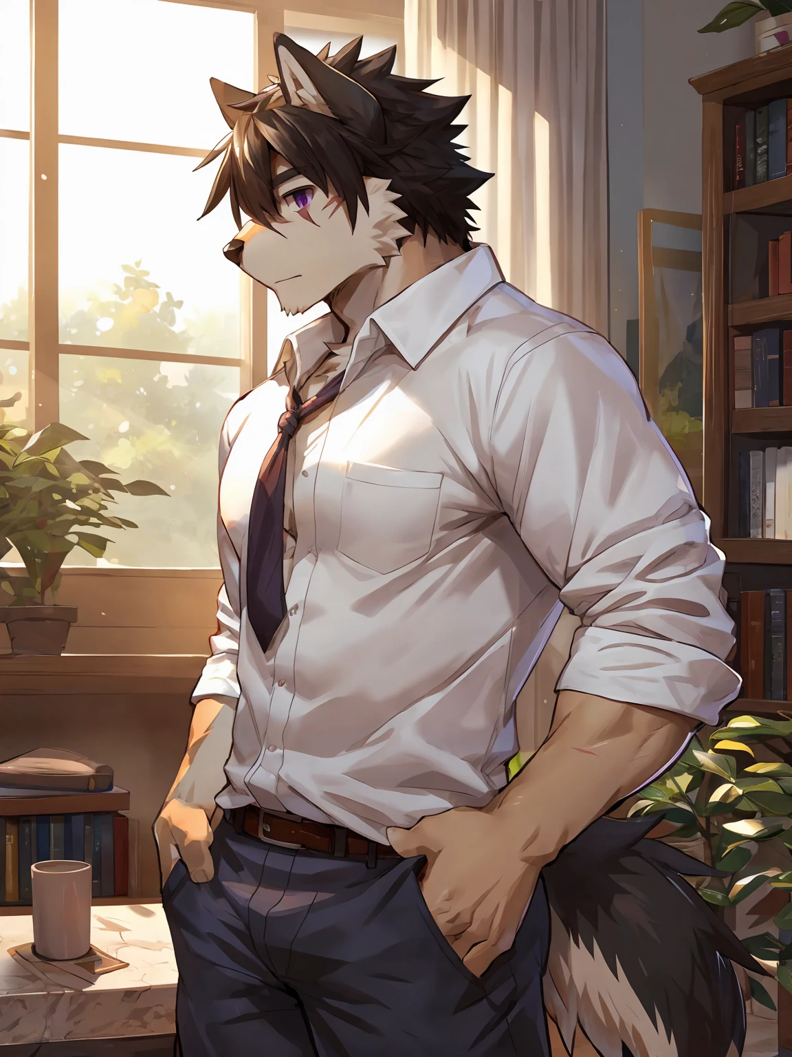 embedding:black wolf, male,purple eyes,Scar on the face, scar on the body,Single person,The fur on the chest and abdomen is white.Inside the apartment,Elder brother.Modern apartment, clean and tidy.casual Shirt,Casual pants,Formal, everyday,A mild expression,Maturity,The highest quality of scene detail,adult,Tall and powerful,muscle,Best quality hands, best quality eye,detailed fur,Delicate eyes.Extreme picture quality,by sollyz,by zixiong,by milkytiger1145