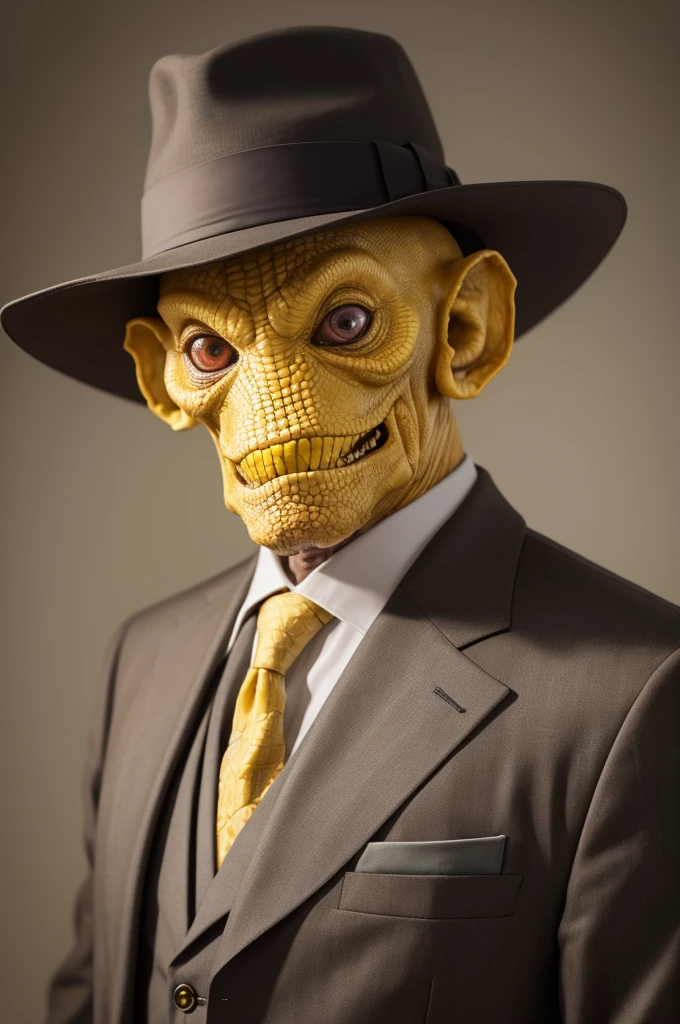 old humanoid with wrinkled face and yellow reptilian eyes, hat suit is tie.