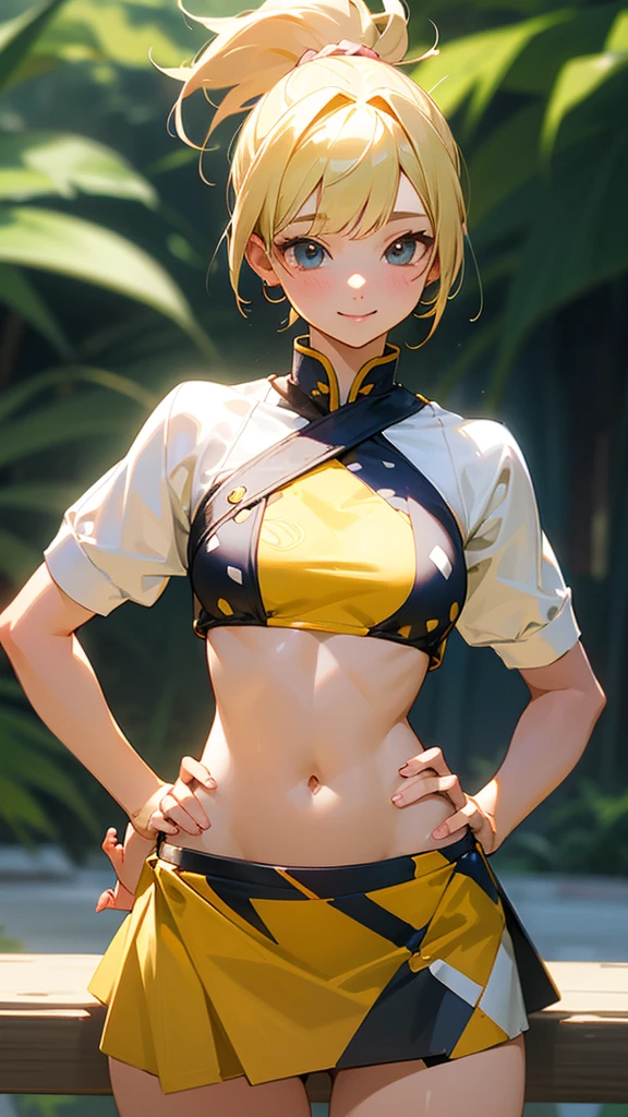 1 Girl、8K、Sharp focus、(Bokeh) (Highest quality) (Detailed skin:1.3) (Intricate details) (anime)、(short hair:1.2, Ponytail:1.2, Blonde), Asymmetrical bangs、18-year-old、(Please put your hands on your hips)、chest、Slim figure、bikini、A pareo skirt with bold ethnic patterns and plenty of primary colors、Realistic Skin、Shiny skin, Sunburned skin、Cowboy Shot、Side body、smile、smile、Park in the background、Soft lighting