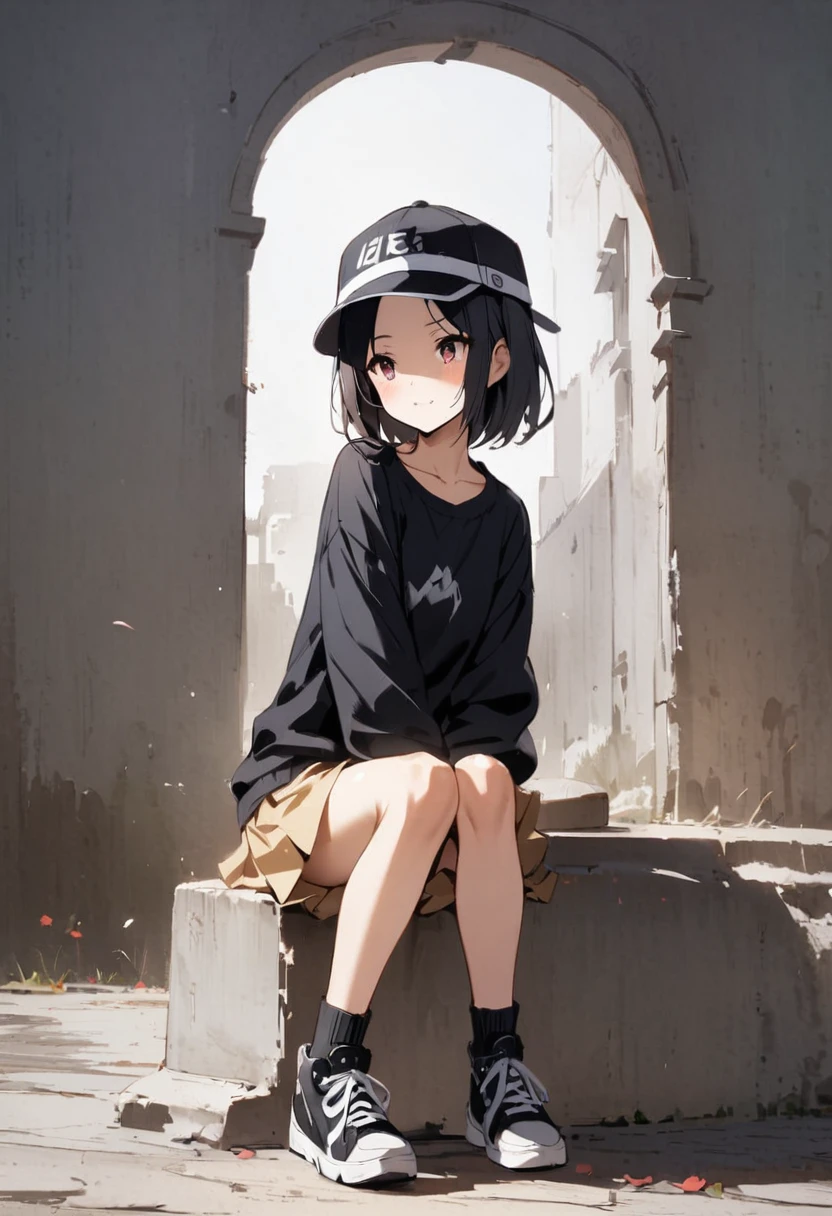 Showing white panties、Show both hands、hugging own legs、Legs2Book、(looking away:1.4)、Spread your legs、Sit on the ground、In the park、Wear a 6 panel cap、Beige mini skirt、Black shirt with shoulders、Black sneakers、Girl、Girl、Younger、Baby Face、flat chest、forehead、Black Hair、Open both eyes、Laugh innocently、One person、sunlight