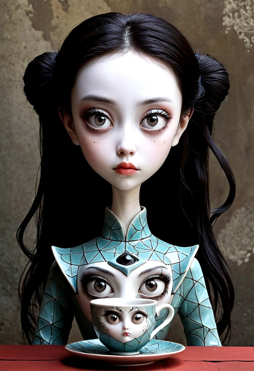 A young Satanichia Karimizhi, With her enormous complacent eyes she looks very attentively at the ants that come out of the tea cups that have geometrically impossible shapes and decorated with fantastic shapes., and showing the fierceness of Chinese Raku Yaki ceramics, everything as if it were a Tim Burton dream.