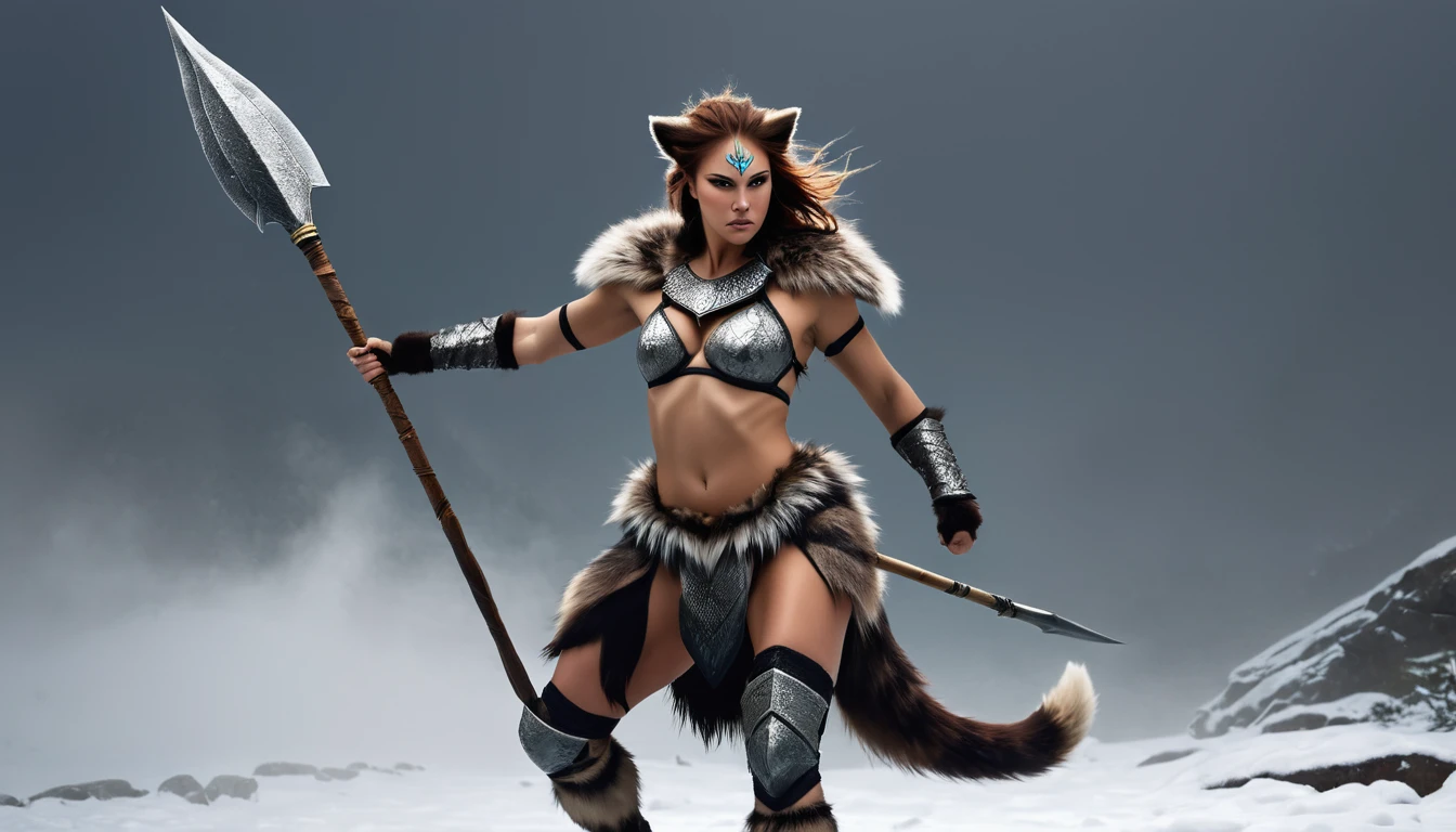 A powerful and majestic female beast-warrior. She wields a spear in her hand and wears a minimal fur outfit.