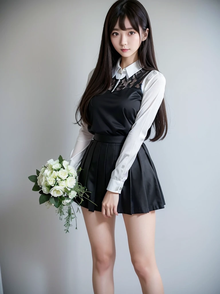 Black Skirt、Blouse with lace、(Highest quality)、((Very detailed))、4K、(8K)、masterpiece、Very detailedな、Highest quality、Super Resolution、1 person、Kind Face、Soft Light、RAW quality、Soft Skin、163cm、White Room:1.5、Standing posture、Calf、bouquet