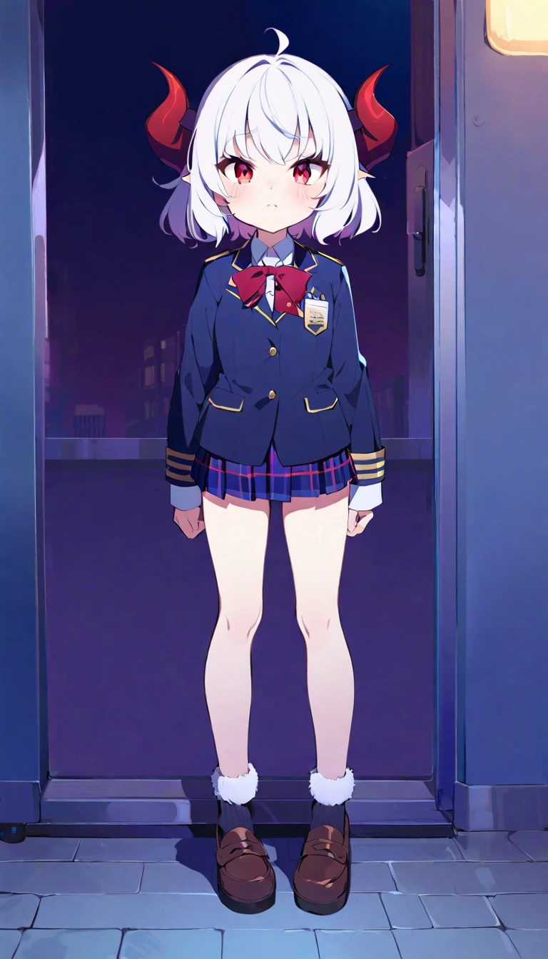 Teenage girl, devil girl, small red horns, white hair, short fluffy hair, big red eyes, pale skin, blushing cheeks, in a , uniform school, at night, full body