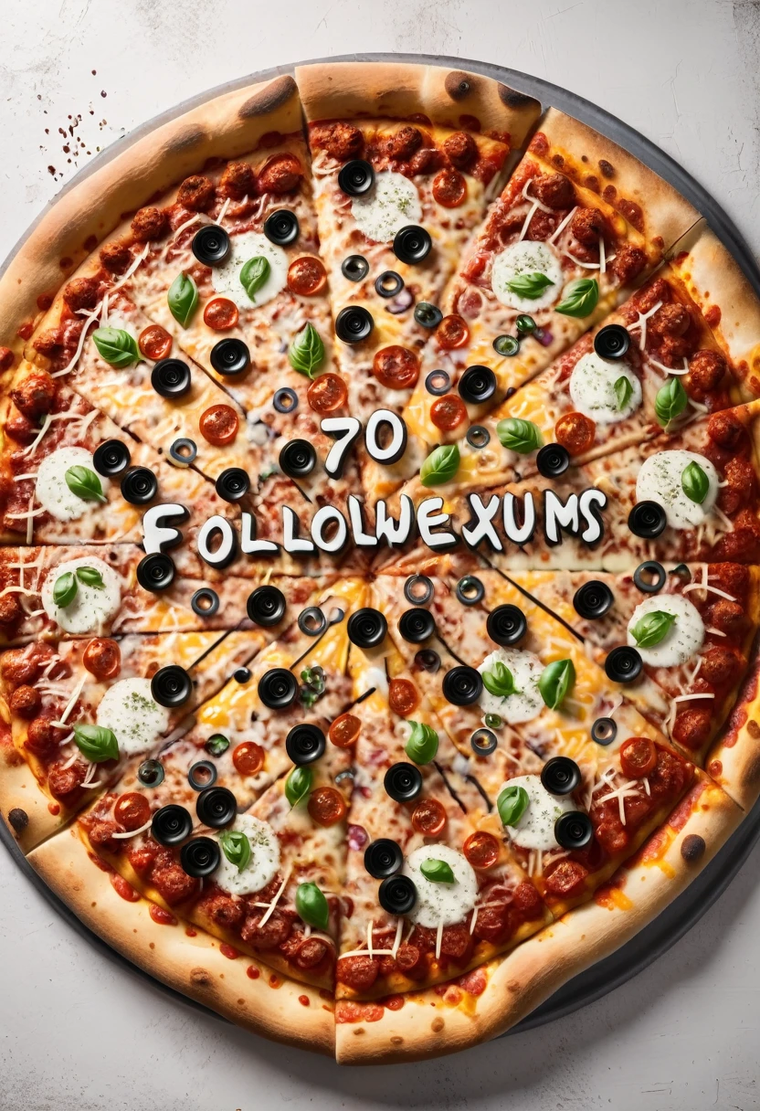 ultra detailed pizza with toppings that say ("700 followers inlexum":1.9) text out of sauce and cheese. realistic, detailed.
(full length view:1.4) 