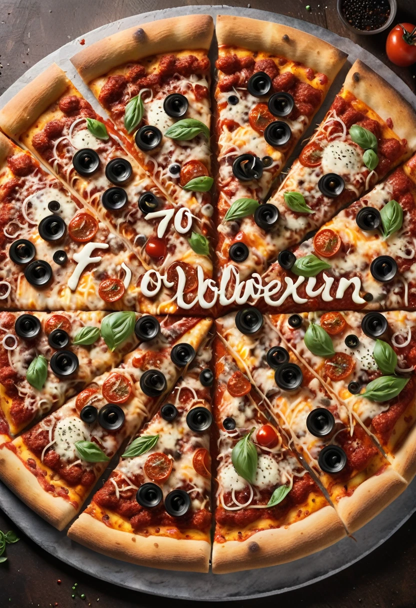 ultra detailed pizza with toppings that say ("700 followers inlexum":1.9) text out of sauce and cheese. realistic, detailed.
(full length view:1.4)