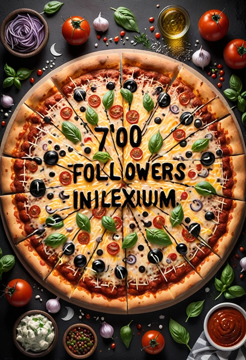 ultra detailed pizza with toppings that say ("700 followers inlexum":1.9) text out of sauce and cheese. realistic, detailed.
(full length view:1.4) 