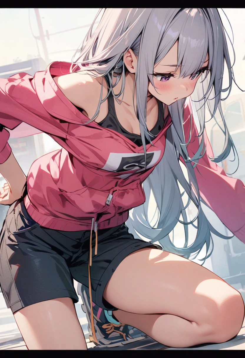 mastepiece,girl,cute,low length,Long Hair,Shorts,chest,Ecchi,slouch
