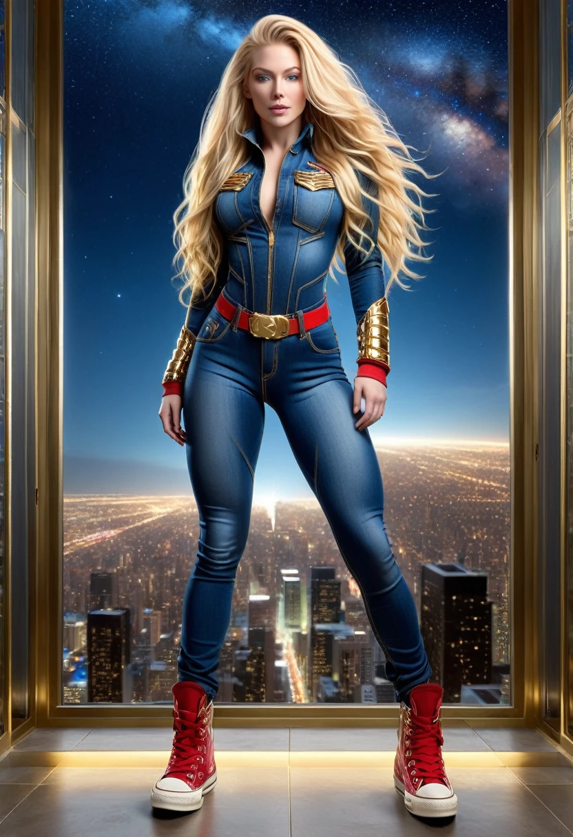 BOMBSHELL BLONDE WOMAN, WARRIOR FEMALE ON BLUE JEANS JUMPSUIT, VERY PALE SKIN, BLUE EYES, HIGH CHEEKBONES, ROSY CHEEKS, MENTAL FORAMEN, HUGE LONG BLONDE HAIR, DREAD HAIRSTYLE, LONG JEANS DREADS ON LONG BLONDE HAIR, THONG LEOTARD ARMOUR, JEANS LONG SLEEVES, JEANS TEXTURE, GOLD DETAILS ON JEANS, JEANS BODYSUIT, NECK BODYSUIT, GOLD GAUNTLETS, RED BELT, GOLD BUCKLE, RED CONVERSE ALL STAR SHOES, ATHLETIC CURVY BODY, DETAILED QUADRICEPS, MUSCLES, SIDE BODY VIEW, FULL BODY PERSPECTIVE, DARK HALL, HUGE WINDOWS, NIGHT SKY, ACCURATE IMAGE, MASTERPIECE.