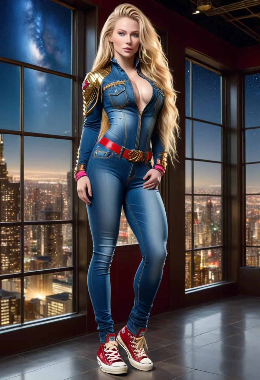 BOMBSHELL BLONDE WOMAN, WARRIOR FEMALE ON BLUE JEANS JUMPSUIT, VERY PALE SKIN, BLUE EYES, HIGH CHEEKBONES, ROSY CHEEKS, MENTAL FORAMEN, HUGE LONG BLONDE HAIR, DREAD HAIRSTYLE, LONG JEANS DREADS ON LONG BLONDE HAIR, THONG LEOTARD ARMOUR, JEANS LONG SLEEVES, JEANS TEXTURE, GOLD DETAILS ON JEANS, JEANS BODYSUIT, NECK BODYSUIT, GOLD GAUNTLETS, RED BELT, GOLD BUCKLE, RED CONVERSE ALL STAR SHOES, ATHLETIC CURVY BODY, DETAILED QUADRICEPS, MUSCLES, SIDE BODY VIEW, FULL BODY PERSPECTIVE, DARK HALL, HUGE WINDOWS, NIGHT SKY, ACCURATE IMAGE, MASTERPIECE.