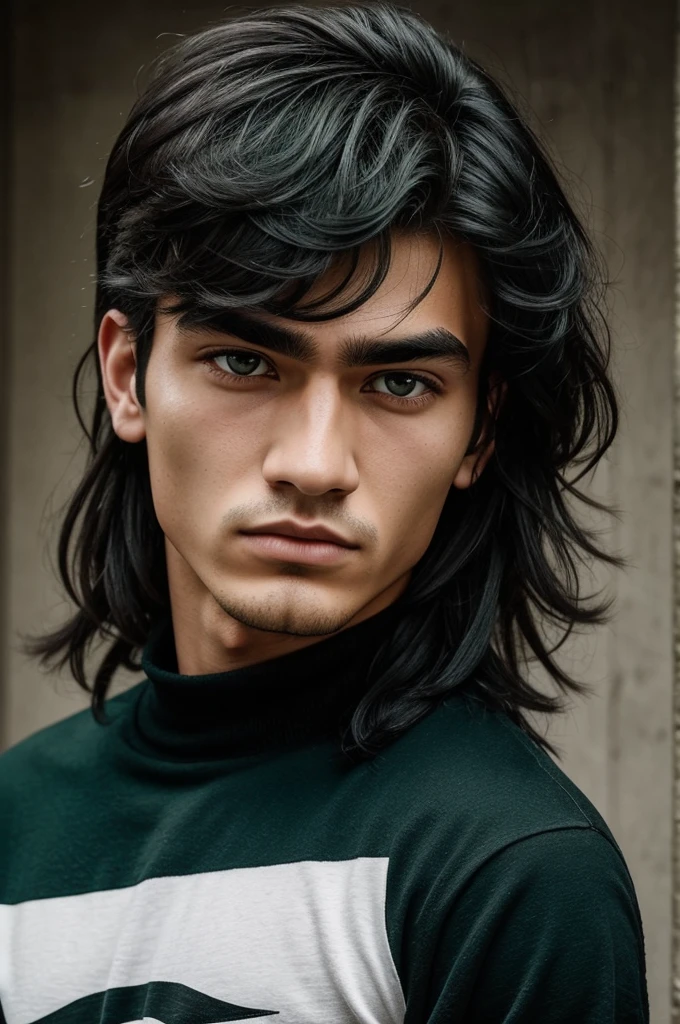 Draw a man Age: between 19 and 21 years old Skin : white eyes: greens, intense and captivating eyebrows: black and bushy Hair: black with mullet cut facial expression: show of trust, a little serious but kind