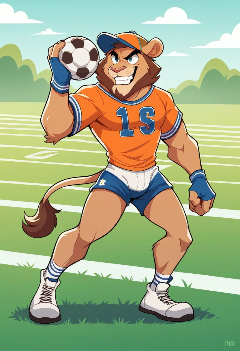 The main pattern is a cartoon-style football lion，Wearing a football hat，Standing on a football field。
Football field background filled with green，To highlight the theme of the football game。
At the top or bottom of the design，Renders &quot;CupRush&quot; in uppercase font，The letter &quot;U&quot; is designed in the shape of a football.，Linked to the overall design。
Use bright orange and blue as the main colors of the design，To increase visual appeal and vitality。