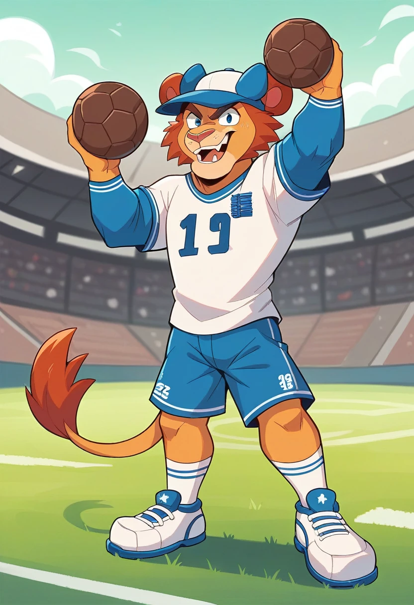 The main pattern is a cartoon-style football lion,Wearing a football hat,Standing on a football field。
Football field background filled with green,To highlight the theme of the football game。
At the top or bottom of the design,Renders "CupRush" in uppercase font,The letter "U" is designed in the shape of a football.,Linked to the overall design。
Use bright orange and blue as the main colors of the design,To increase visual appeal and vitality。