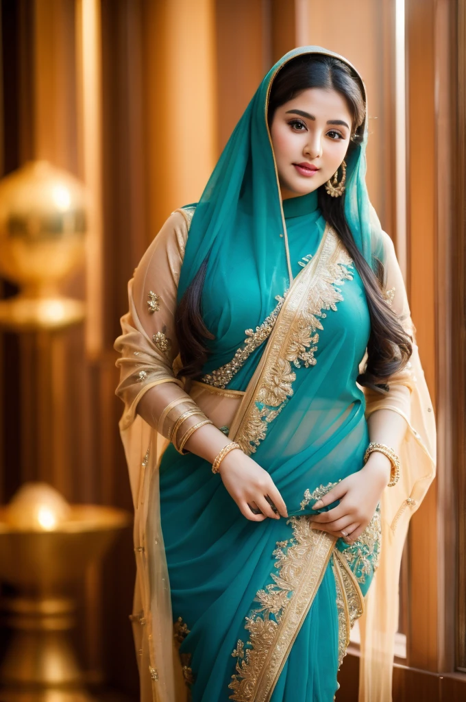 1 Heavenly beautiful and goddess beauty cute and sweet looking face Arabian woman in front of Chengdu, China, Heavenly beautiful Overweight, Heavenly beautiful Extremely fat, Heavenly beautiful and attractive Chubby figure , Heavenly beautiful looking and eye catching luxury style saree , reaching out, Heavenly beautiful Arabian woman, 16k, High resolution, masterpiece, highest quality, fine skin, close up figure view, Realistic Photograph