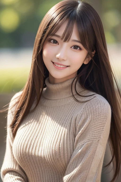 masutepiece, Best Quality, Illustration, Ultra-detailed, finely detail, hight resolution, 8K Wallpaper, Perfect dynamic composition, Beautiful detailed eyes, Mocha long sleeve knit dress,Straight hair,Small breasts natural color lip, Randomly sexy poses,Smile、20 years girl、Cute、Sexy shot looking at camera,Perfect and beautiful face