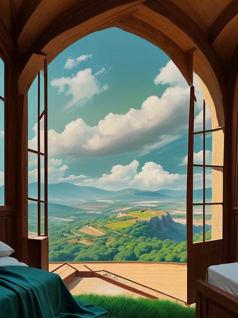 Draw medieval scene of mountin facing green, barbarian stone bedroom, tomes, blue sky, beautiful sunny day, aesthetically beautiful, earthy colors, vibrant saturated colors, beautiful color palette, masterpiece, calm, peaceful, no human, cloudy sky, lofty view