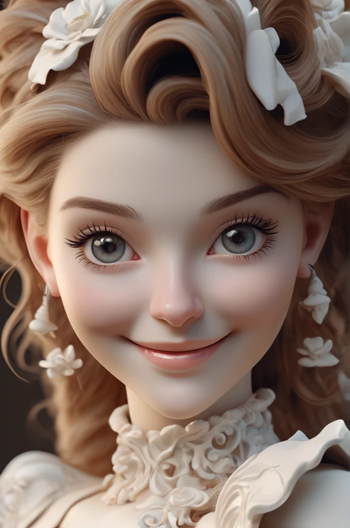 Complex 3d Render ultra detailed of a beautifull porcelaint woman android face smiling, adorable, sensible, perfect face. Nice style, warm sight.. Perfect pose.