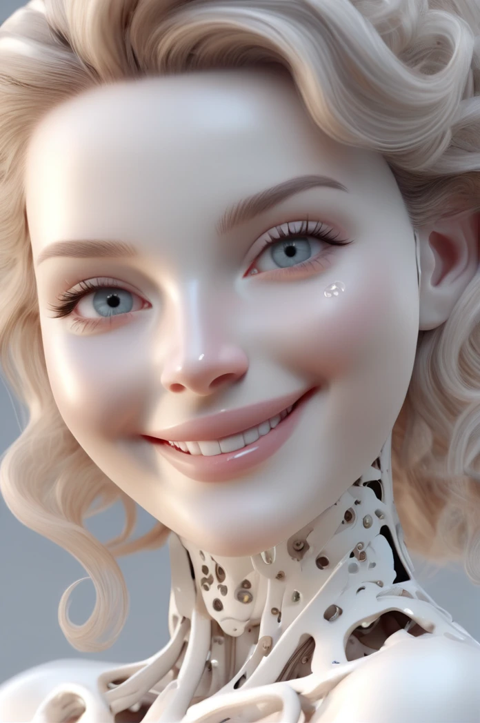 Complex 3d Render ultra detailed of a beautifull porcelaint woman android face smiling, adorable, sensible, perfect face. Nice style, warm sight.. Perfect pose.