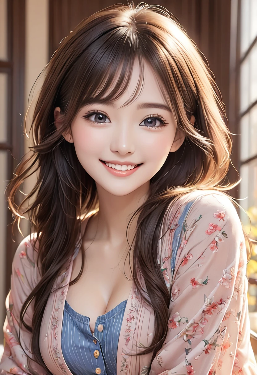 best quality, super fine, 16k, incredibly absurdres, extremely detailed, 2.5D, delicate and dynamic depiction, beautiful woman, cute and charming smile, casual clothes, dream-like effects