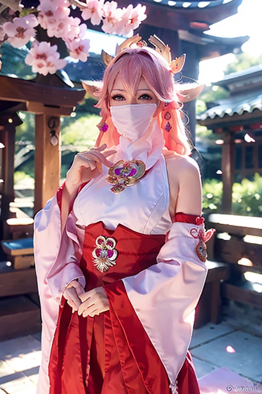 (Extreme Detail CG Unity 8K wallpaper, masterpiece, highest quality), (ulzzang-6500-v1.1:0.4) 1girl, kpop idol, yae miko, detached sleeves, pink hair, long hair, best quality, (photorealistic:1.2), (hair ornament:1.35), jewelry, wearing face veil, face veil fit his face, purple eyes, earrings, large breasts, torii, cherry blossoms, lantern light, depth of field, detailed face, face focus, (looking at viewer:1.25), shiny skin, long sleeves, smile, thick lips, game cg, thighhighs, east asian architecture, blurry background, full body, arms behind back,hands behind,