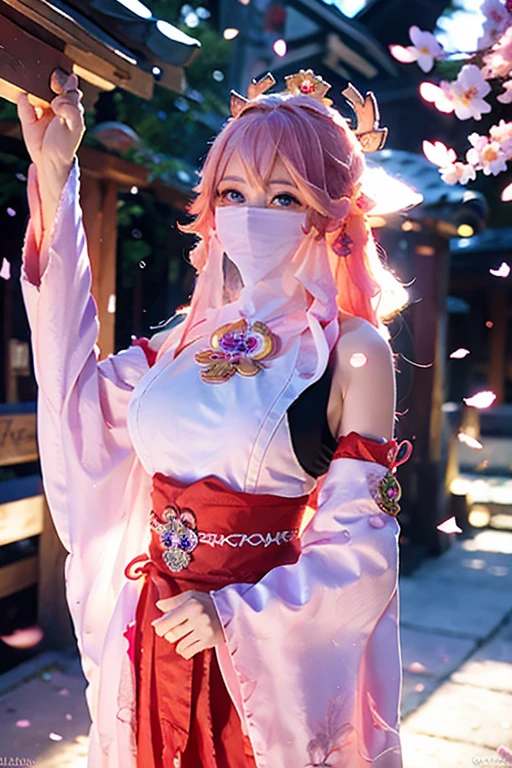 (Extreme Detail CG Unity 8K wallpaper, masterpiece, highest quality), (ulzzang-6500-v1.1:0.4) 1girl, kpop idol, yae miko, detached sleeves, pink hair, long hair, best quality, (photorealistic:1.2), (hair ornament:1.35), jewelry, wearing face veil, face veil fit his face, purple eyes, earrings, large breasts, torii, cherry blossoms, lantern light, depth of field, detailed face, face focus, (looking at viewer:1.25), shiny skin, long sleeves, smile, thick lips, game cg, thighhighs, east asian architecture, blurry background, full body, arms behind back,hands behind,