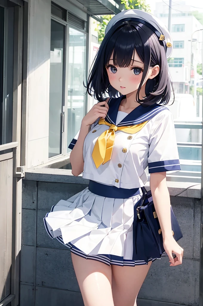(Sailor suit summer uniform、White short-sleeved shirt、Navy blue micro mini skirt、Navy Pleated Skirt、White mesh panties、Yellow tie、White Short Socks)、Women's High生、Big Breasts、Bare thighs、(Black Hair、Very Short Hair、boyishカット)、boyish、Women's High、classroom、独奏
