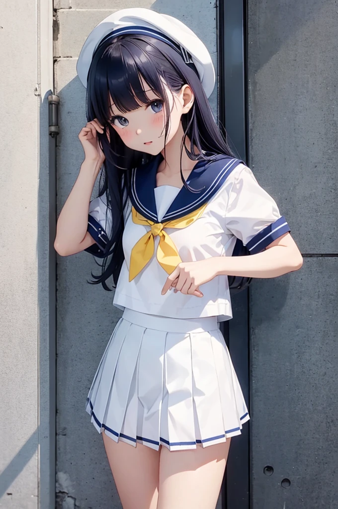 （Sailor suit summer uniform、White short-sleeved shirt、Navy blue micro mini skirt、Navy Pleated Skirt、White mesh panties、Yellow tie、White Short Socks）、Women&#39;s High生、Big Breasts、Bare thighs、(Black Hair、Very Short Hair、boyishカット)、boyish、Women&#39;s High、classroom、独奏